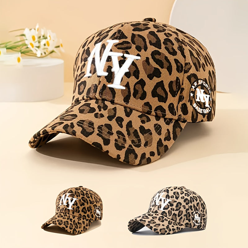 Leopard Print Baseball Cap, Breathable Adjustable Trucker Hat with Embroidered Leopard Print Baseball Cap, Breathable Adjustable Trucker Hat with Embroidered